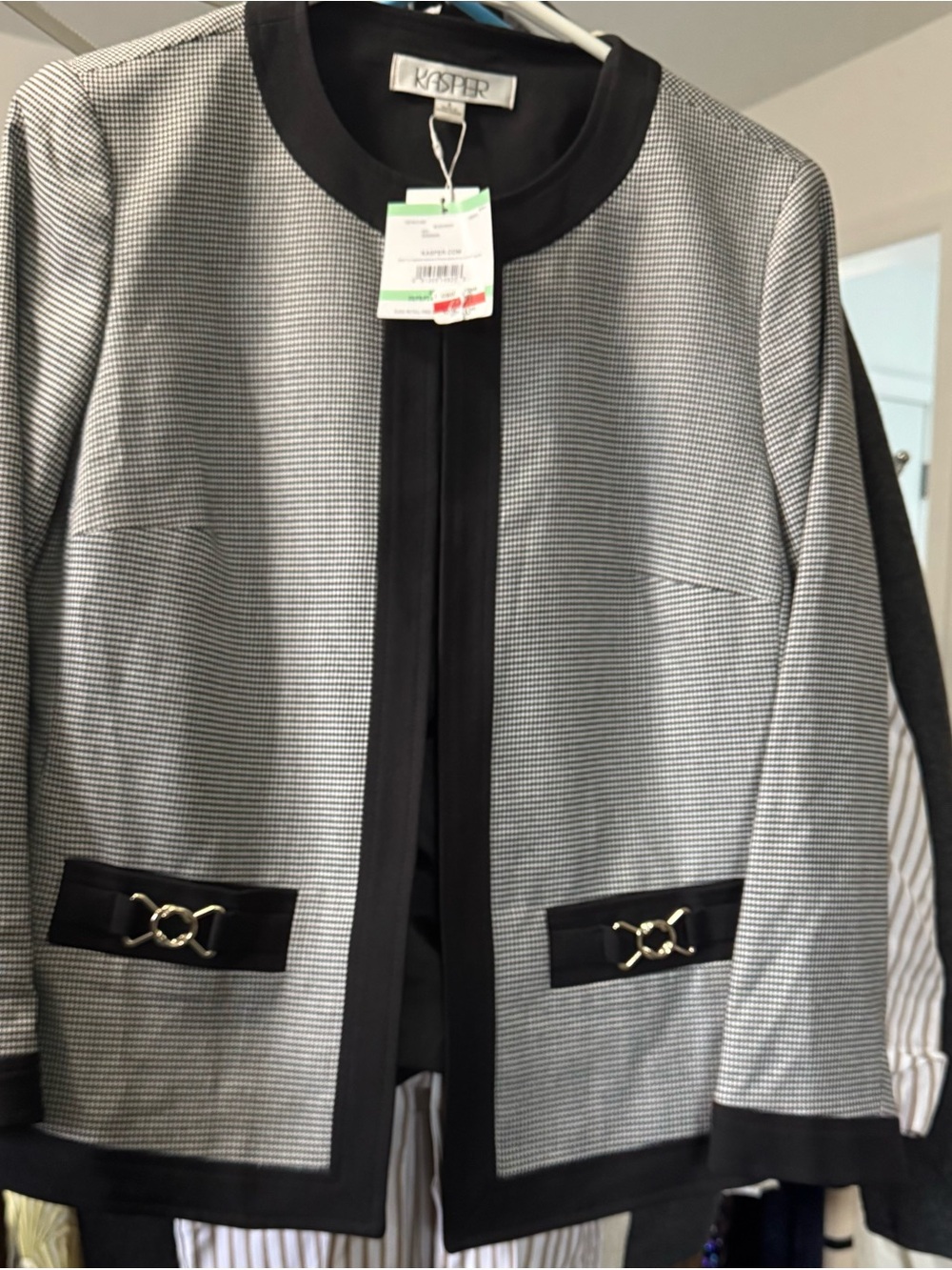 Kasper Black & White Houndstooth Open-Front Blazer with Gold Hardware